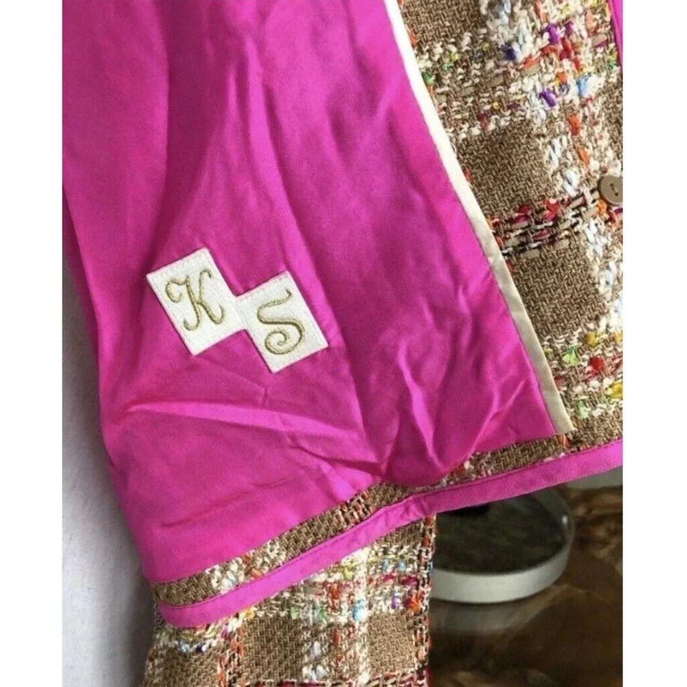 Kate Spade New York Brown Pink Plaid Tweed Silk Blend Cropped Jacket Size 4